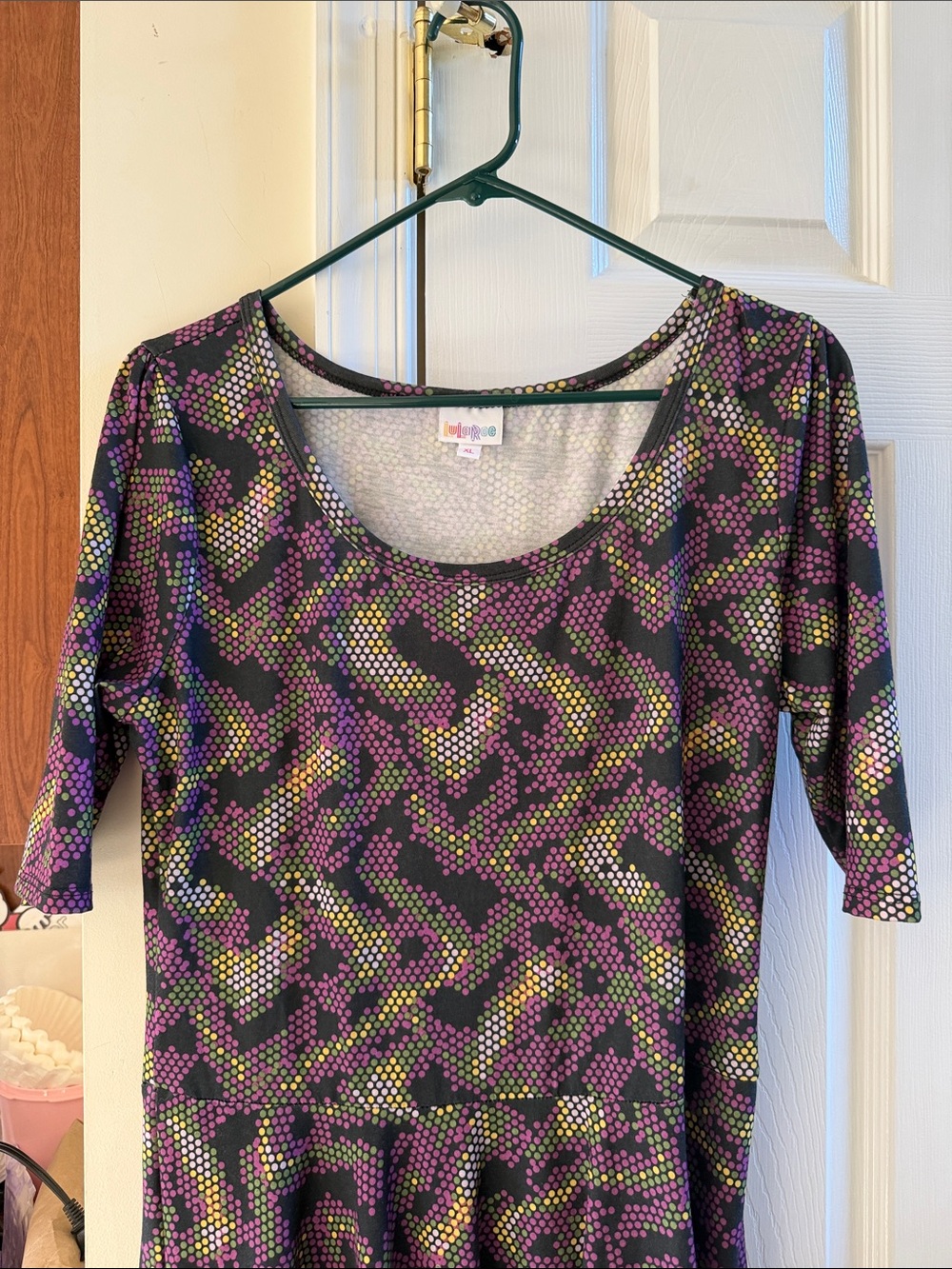 LuLaRoe Black Scoop Neck Top with Purple, Green & Yellow Dot Print